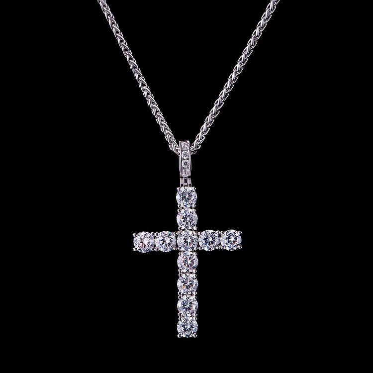 Iced Out White Gold Zircon Tennis Cross Pendant Necklace
