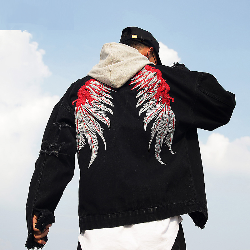 Wing Embroidery Hip Hop Streetwear Men's Denim Jackets-VESSFUL