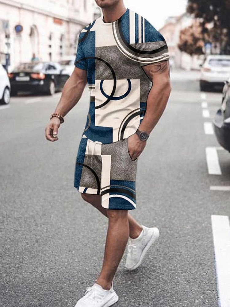 Men's Color Matching Geometric Line Printing Sports Suit