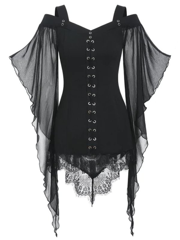 Goth Paneled Off The Shoulder Buttoned Long Bell Sleeve Asymmetrical Slim Top