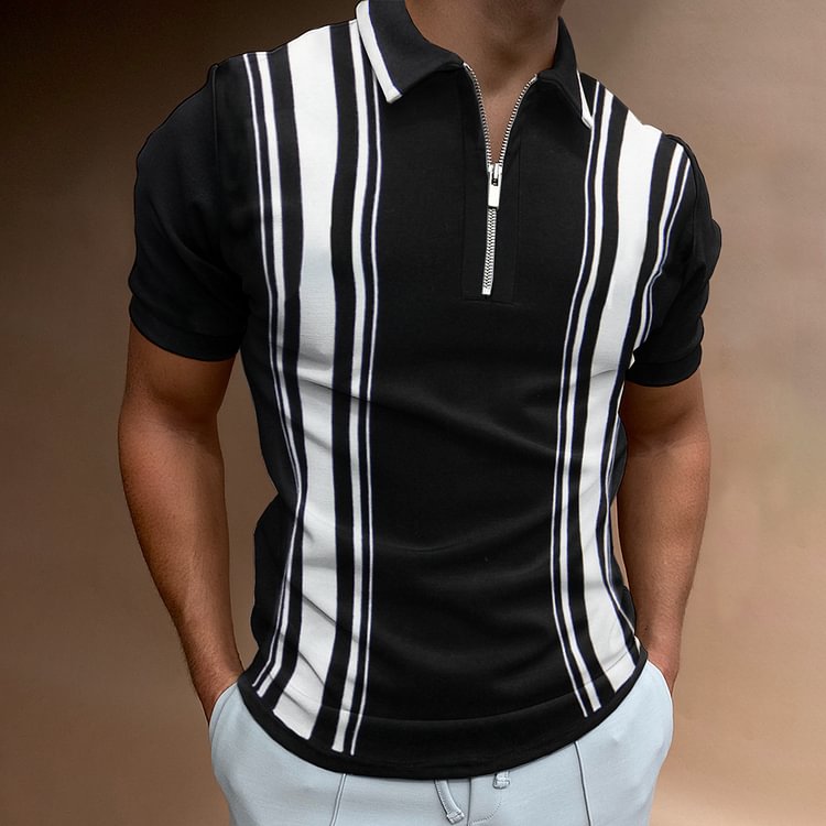 BrosWear Fashion Casual Striped 3D Print Lapel Zipper Polo Shirt