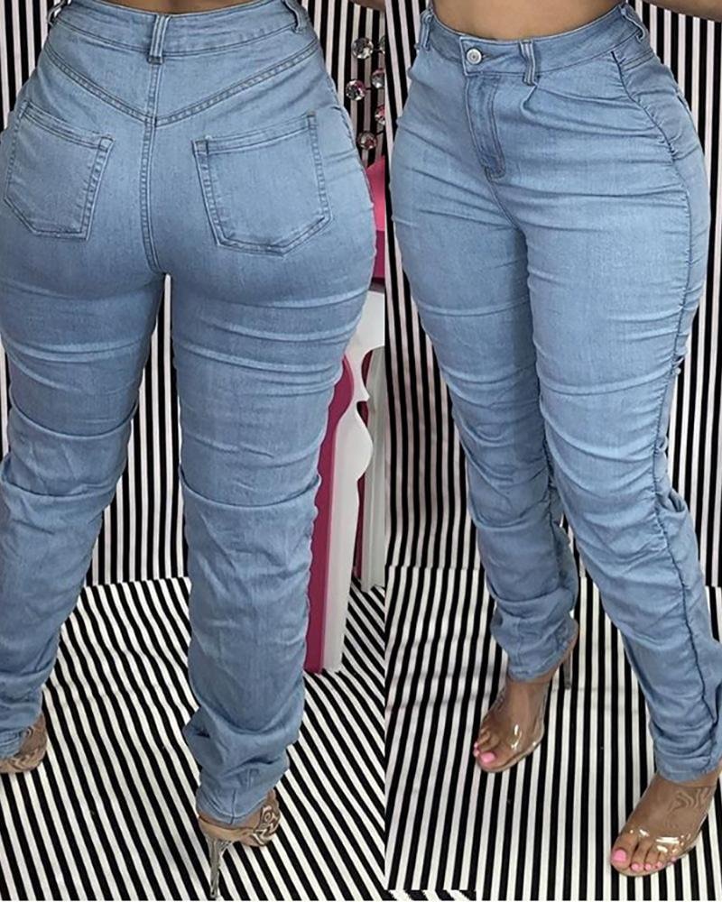 High Waist Ruched Pocket Design Jeans P12307