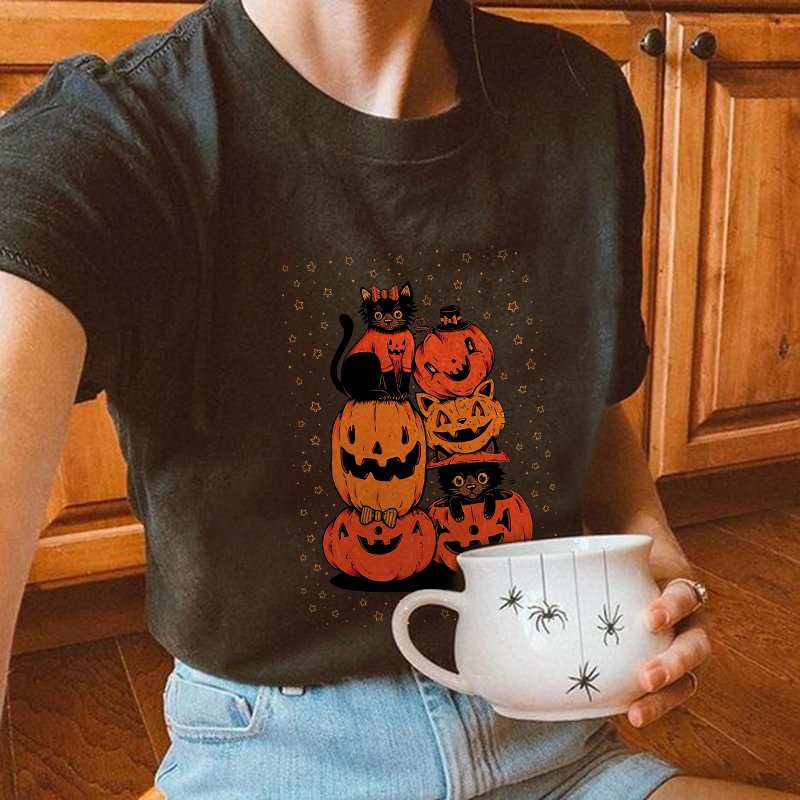 Pumpkin Black Cat Halloween Print T-shirt - Krazyskull