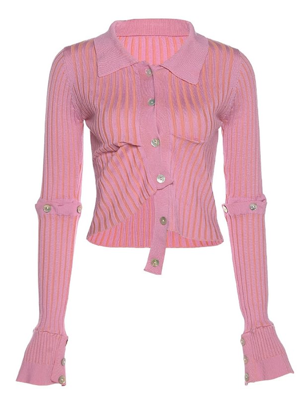 Pink Girl Buttoned Ribbing Long Bell Sleeve Knitted Top