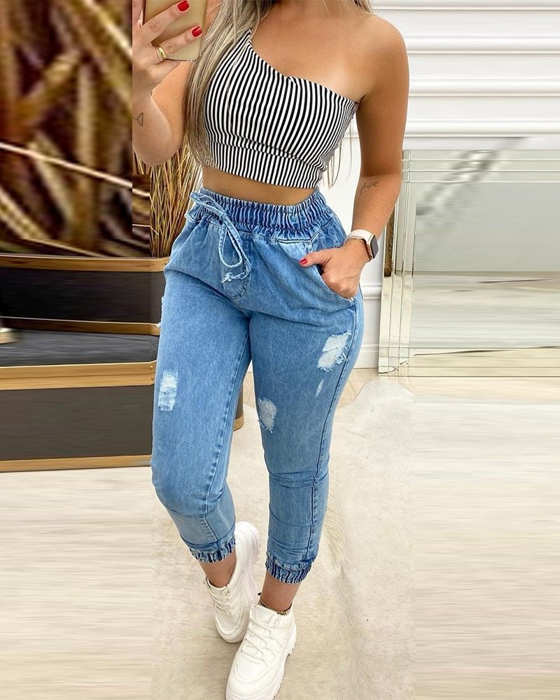 Solid Color Drawstring Elasticized Waist Ripped Jeans