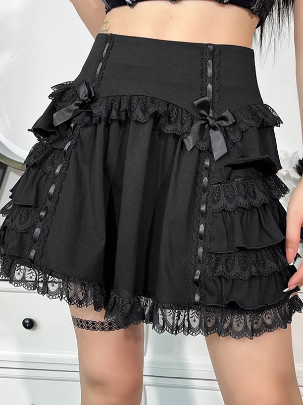 Solid Color Lace Paneled Bowknots Decorated Layered Skirt