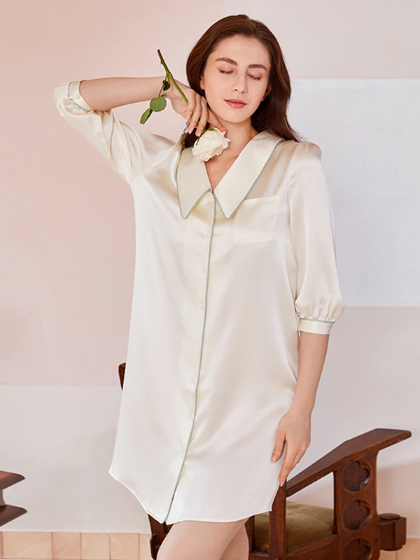 Spring Summer Half Sleeve Solid Silk Nightgown
