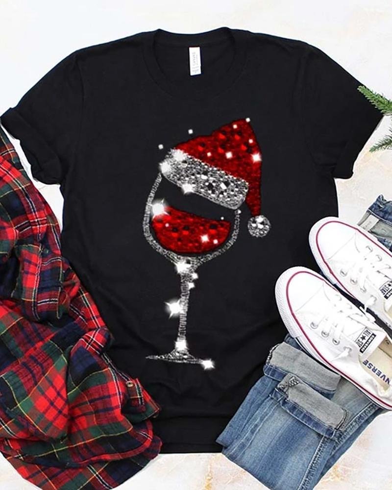 Christmas Short Sleeve Wineglass Hat Print T-Shirt P10836
