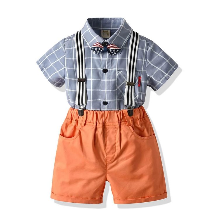 Baby Boys Light Blue Shirt With Bowtie Suspender Shorts 4-Set Suits-Mayoulove