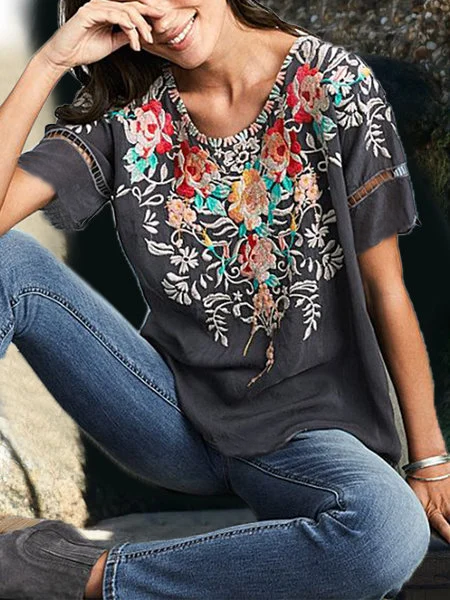 Round Neck Floral Casual Shirts & Tops-Corachic