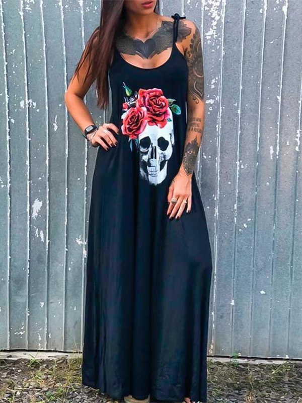 Skull Print Plus Size Long Dress-Mayoulove