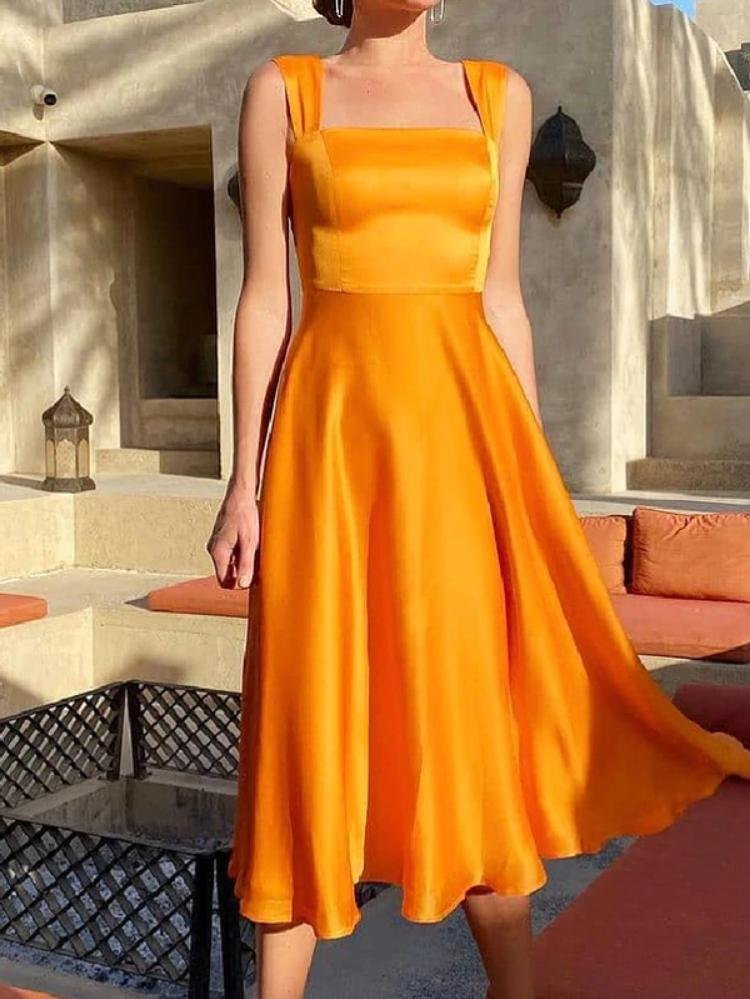 Solid color satin A-line fitted sling dress