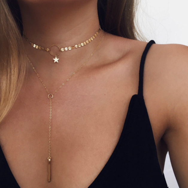 Sequined Star Tassel Double Layer Clavicle Necklace