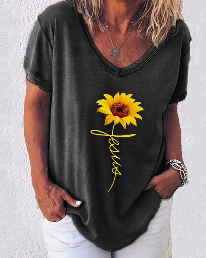 Sunflower Print Letter Pattern Casual T-shirt P15714