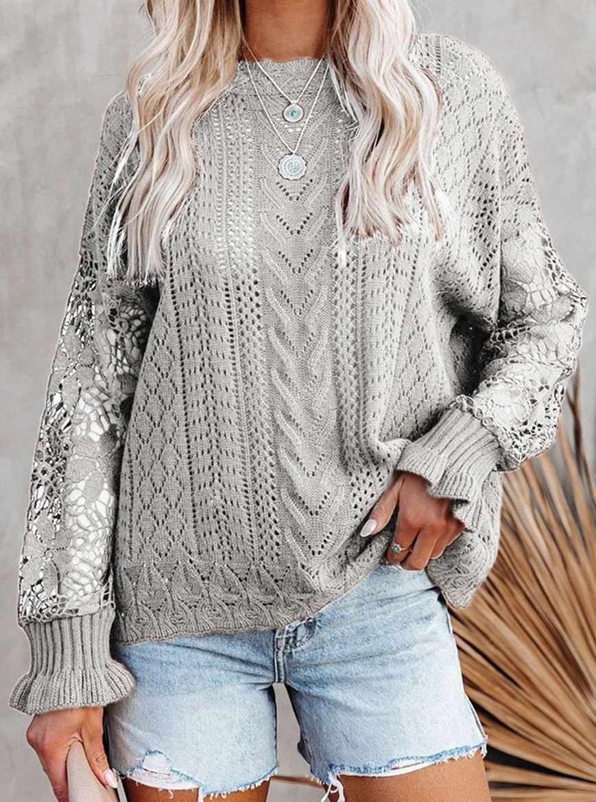 Fashion O-Neck Lace Hollow Casual Long-Sleeved Sweater-Corachic