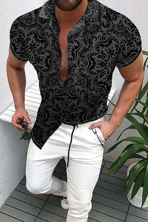 Tiboyz Men's Casual Black Printed Short Sleeve Shirt