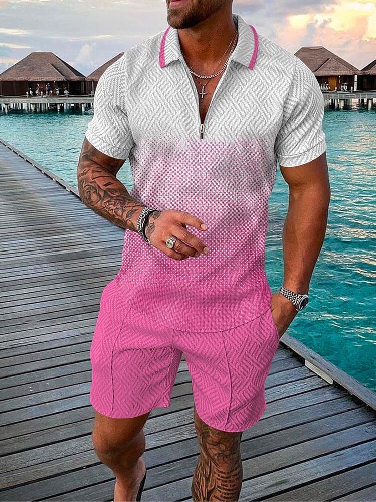 Men's Fashion Vacation Printed Pink Gradient Polo Suit