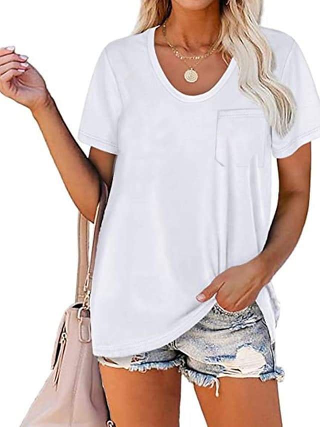 Women's PocketT-Shirt Solid Color Tee Round Neck Blouse Summer Short Sleeve Basic Top-Corachic