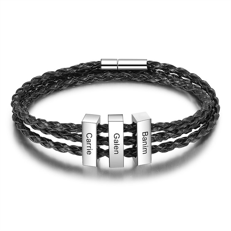 Men's Braided Leather Three-Layer Bracelet With 3 Names Engraved