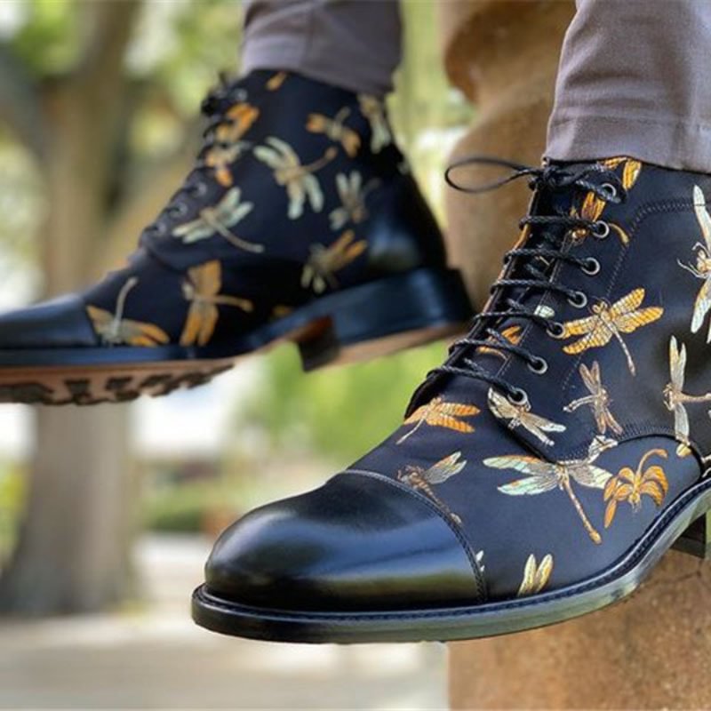 Laced dragonfly print fashion middle men's boots - Krazyskull