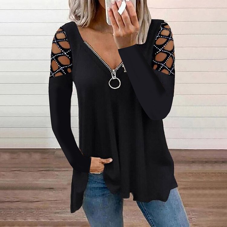 Women's Fashion Casual Clothes Off Shoulder Long Sleeve Tops V-neck Zipper Tees Ladiest-shirt Loose Plus Size Cotton Shirts
