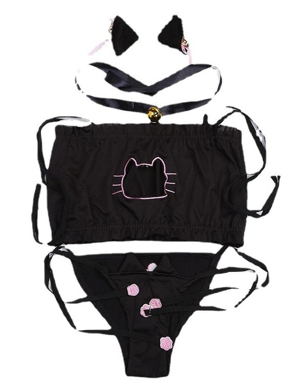 Cosplay Lingerie Cat Suit Hollow Embroidery Open Chest Underwear Suit-Icossi