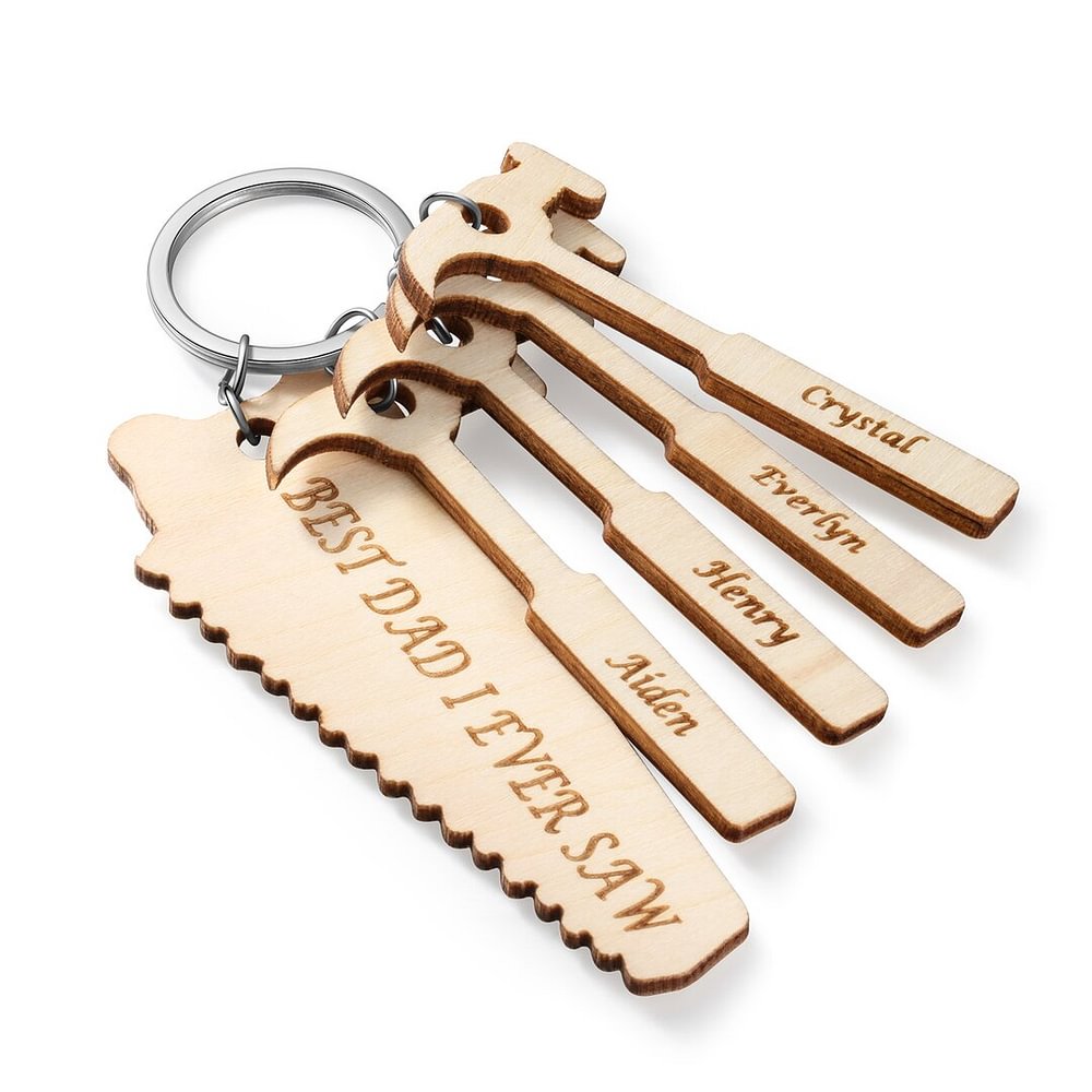 Personalized Wooden Keychain Engraved With Saw Shaped Text And 4 Hammer Names Keychain
