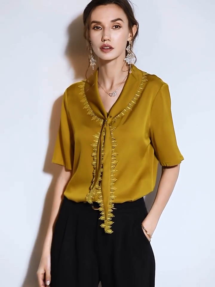 Lacey Scarf Collar Silk Blouse-Real Silk Life