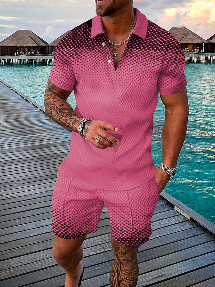 Men's Holiday Pink Polka Dot Printing Polo Gradient Color Suit