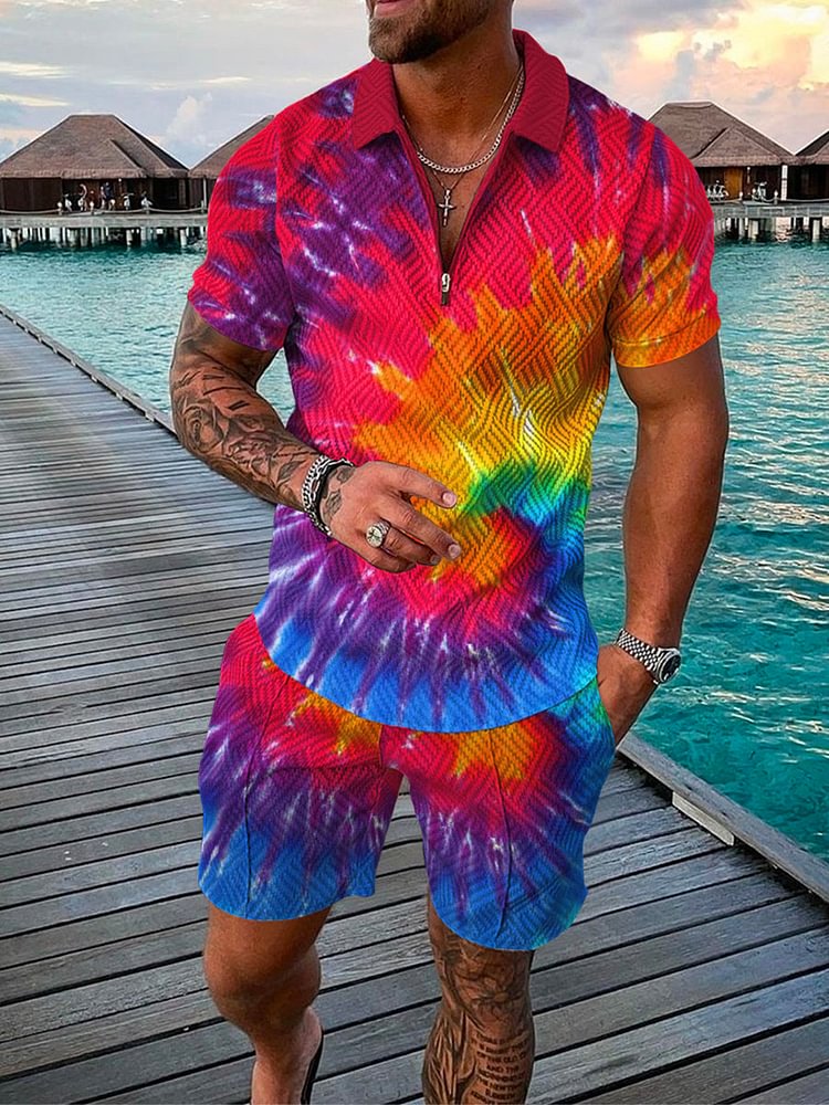 Men's Holiday Irregular Tie-Dye Printed Polo Suit