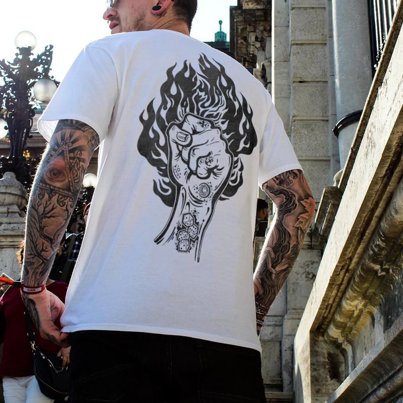 Men's white making a fist fire printed designer T-shirt -  UPRANDY