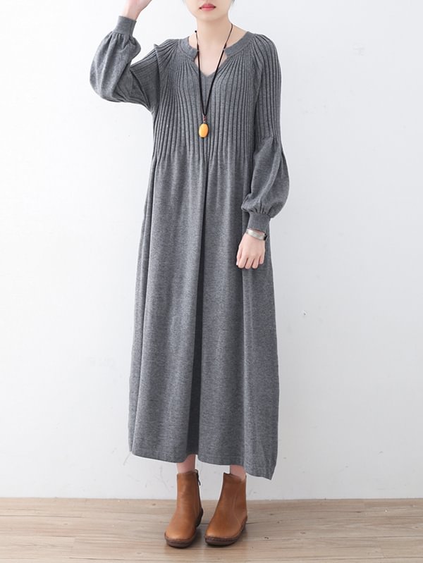 Solid Puff Sleeves Elastic Waist Sweater V-Neck Dress