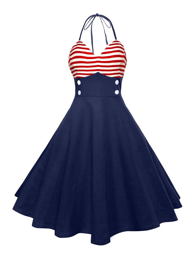 Mayoulove Stripe Stitching Halter Neck Retro Dress Independence Day American Flag Print Dress-Mayoulove