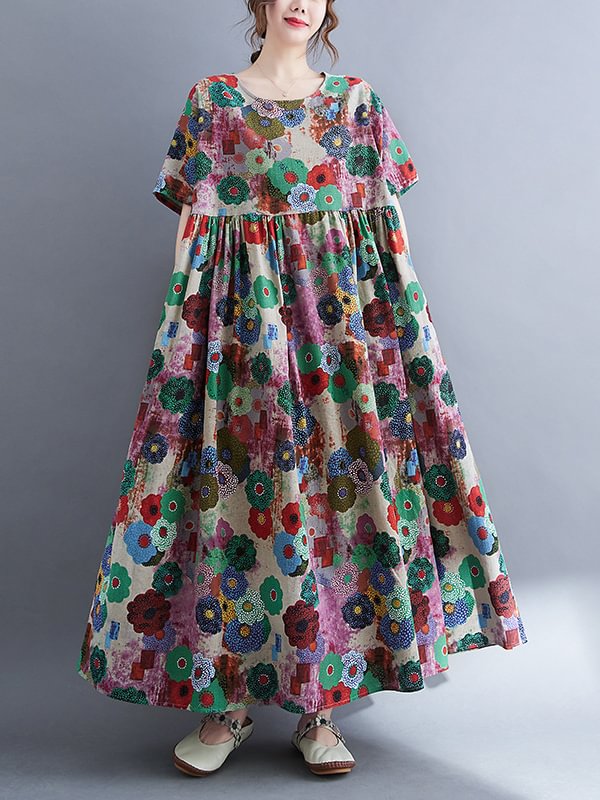 Vintage Loose Multi-Colored Floral Printed Midi Dress