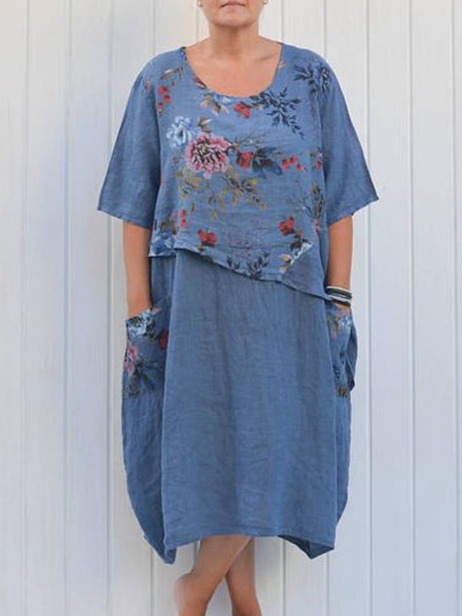 Linen Floral Printing Casual Dress With Pockets