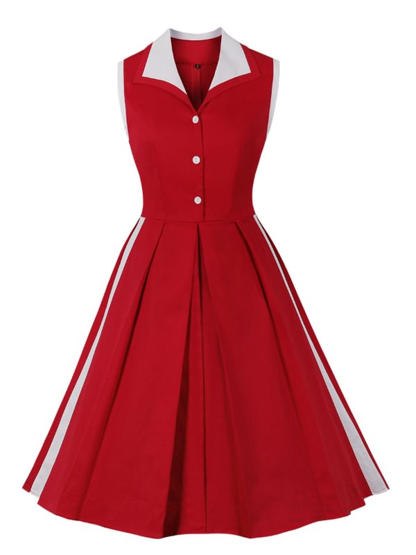 Vintage Color Block Buttoned Pleated Dress