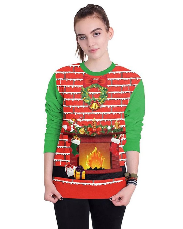 Mayoulove Christmas Decorated Fireplace Ugly Sweater Print Pullover Sweatshirt-Mayoulove