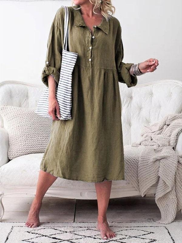Ladies Loose Button Mid-length Cotton&Linen Dress-5color,5size-Mayoulove