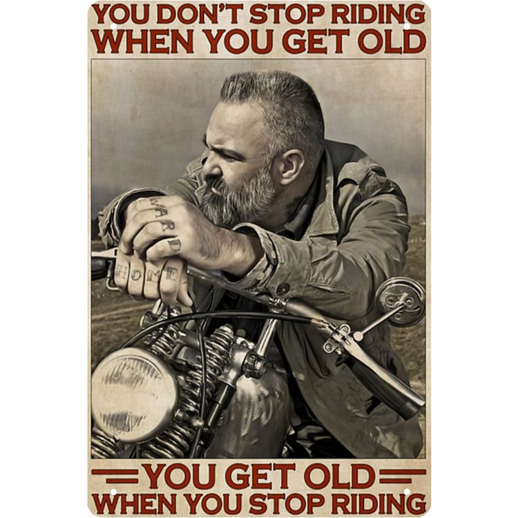 Old Man Riding Motorbike - Vintage Tin Signs