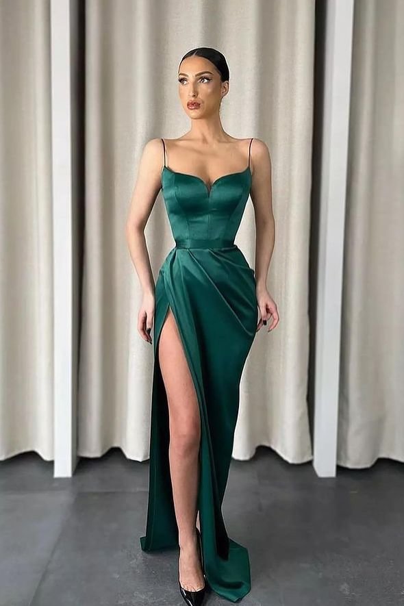 Luluslly Dark Green Mermaid Evening Dress Split Long Spaghetti-Straps