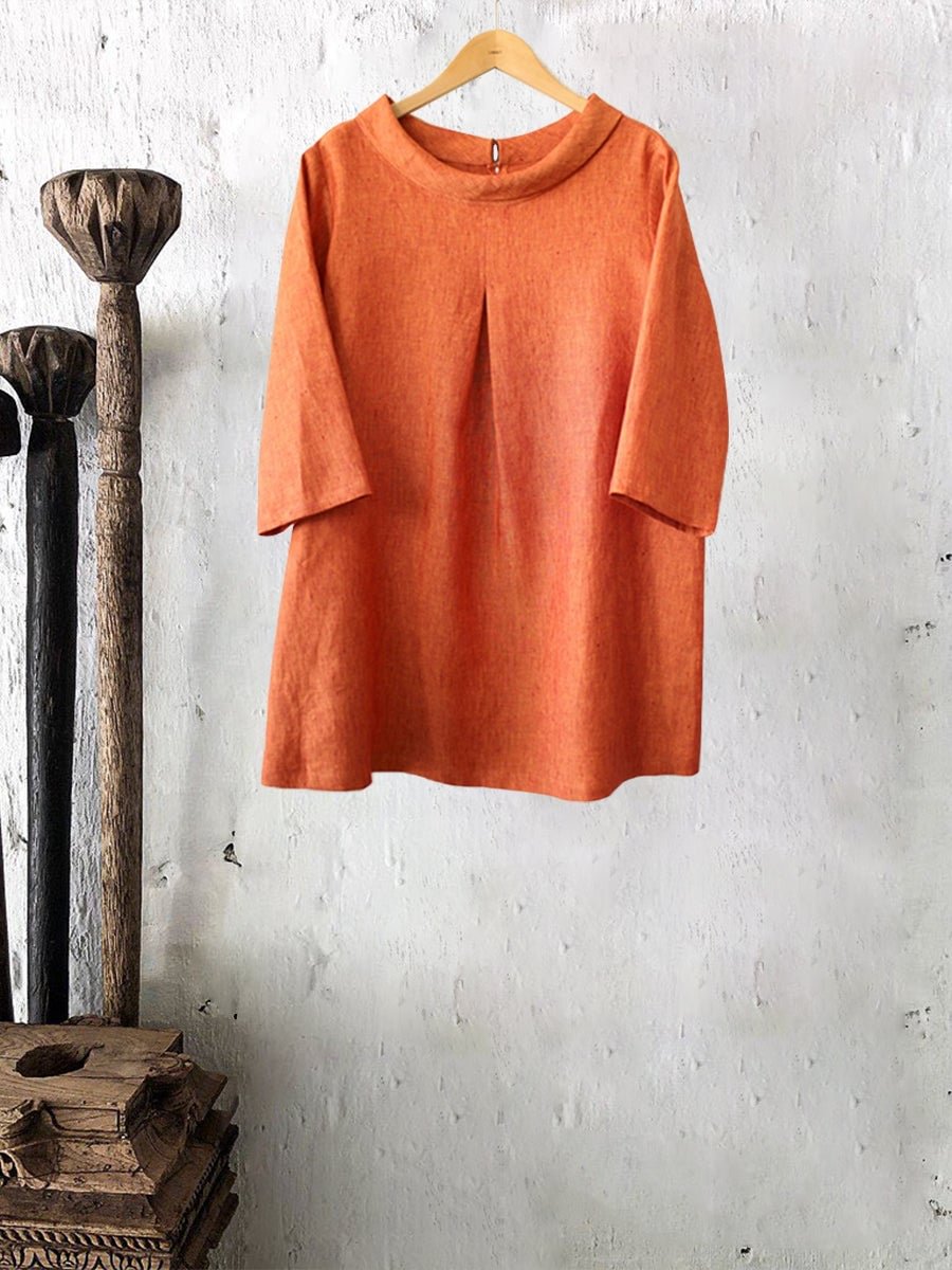 Solid Color Mid-length Sleeve Round Neck Linen Top