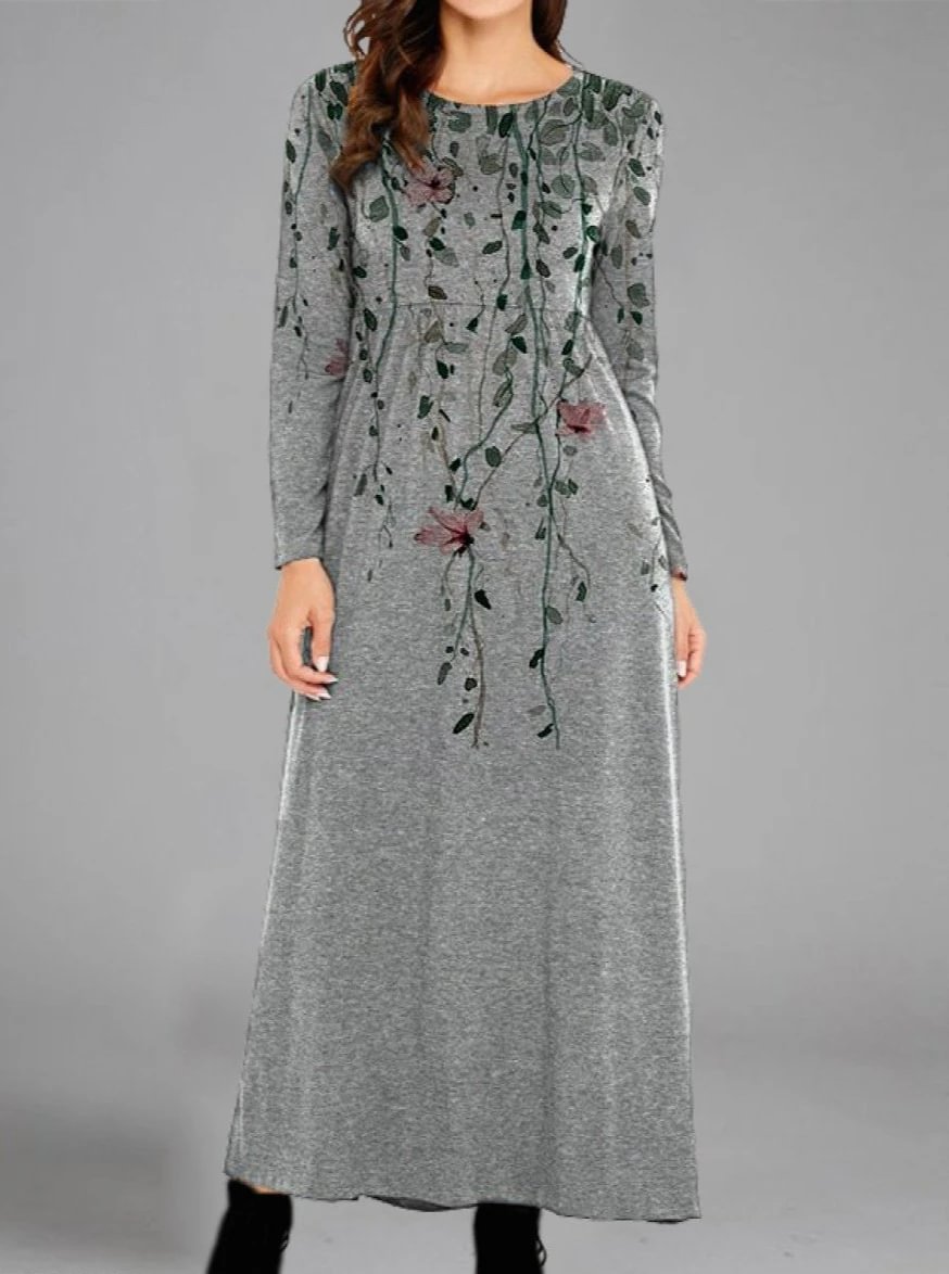 Casual Floral Print Crew Neck Long Sleeves Maxi Dress-Corachic