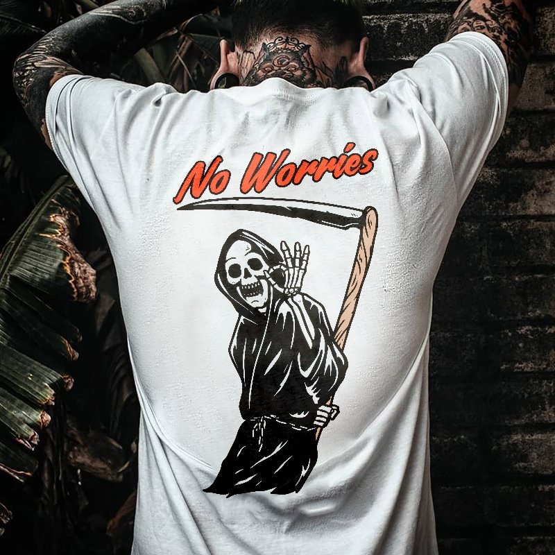 Cloeinc  Men's No Worries Skeleton Make Ok Gesture Printed T-shirt - Cloeinc