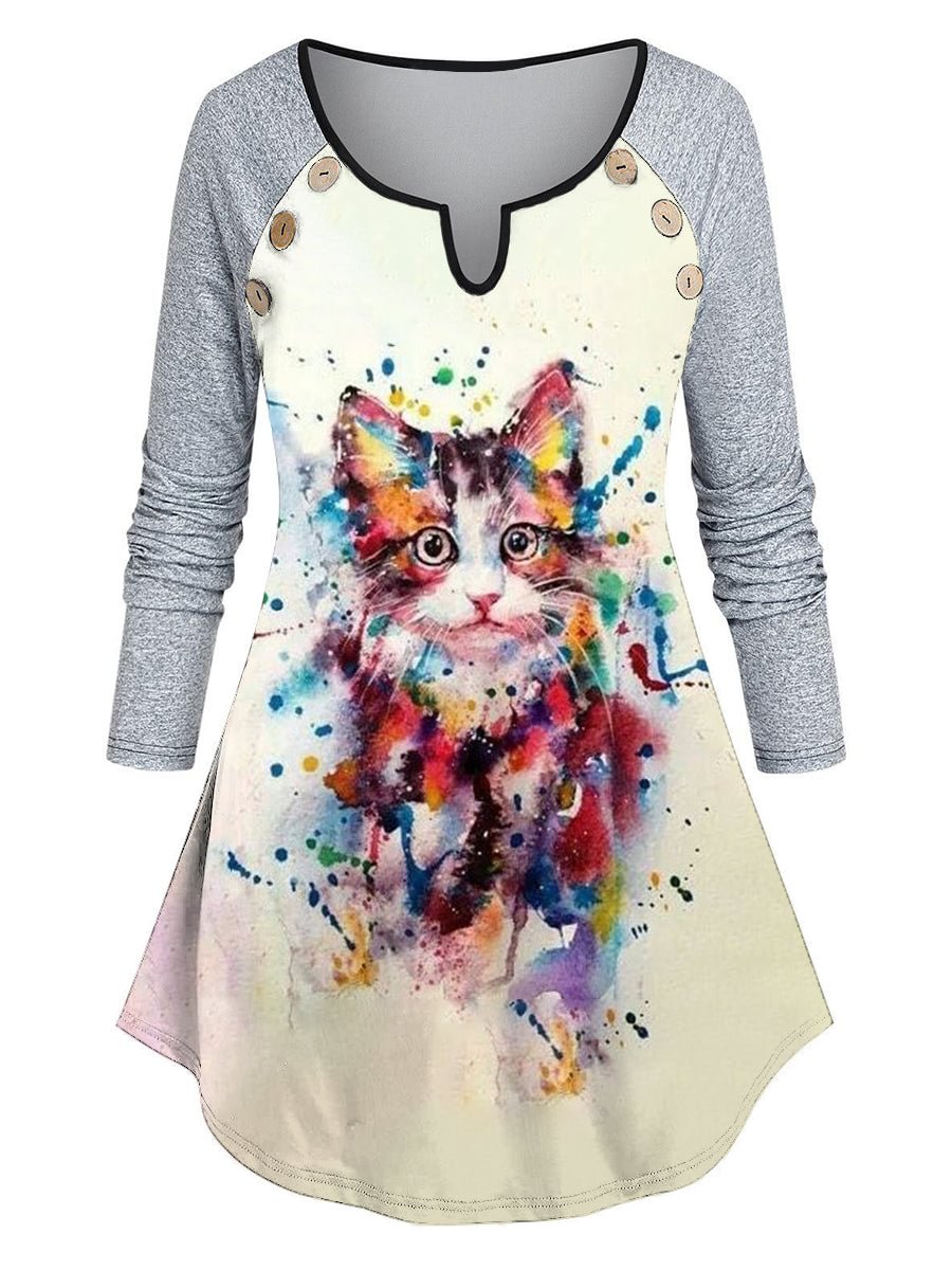 Colorful Cat Print Long Type Fashion Top