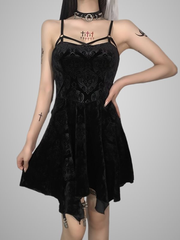 Gothic Dark Velvet Devore Spaghetti Asymmetrical Dress