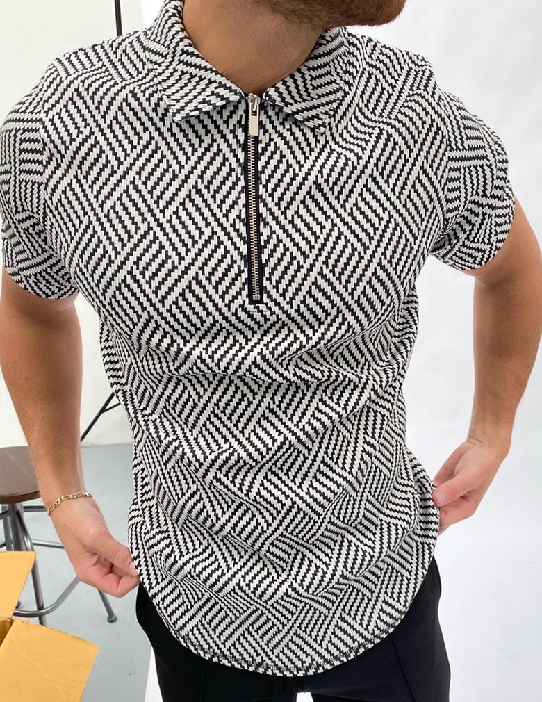Black and white herringbone jacquard polo shirt / [viawink] /