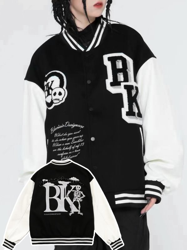 Casual Skull & Letter Embroidered Stand Collar Long Sleeve Baseball Loose Jacket