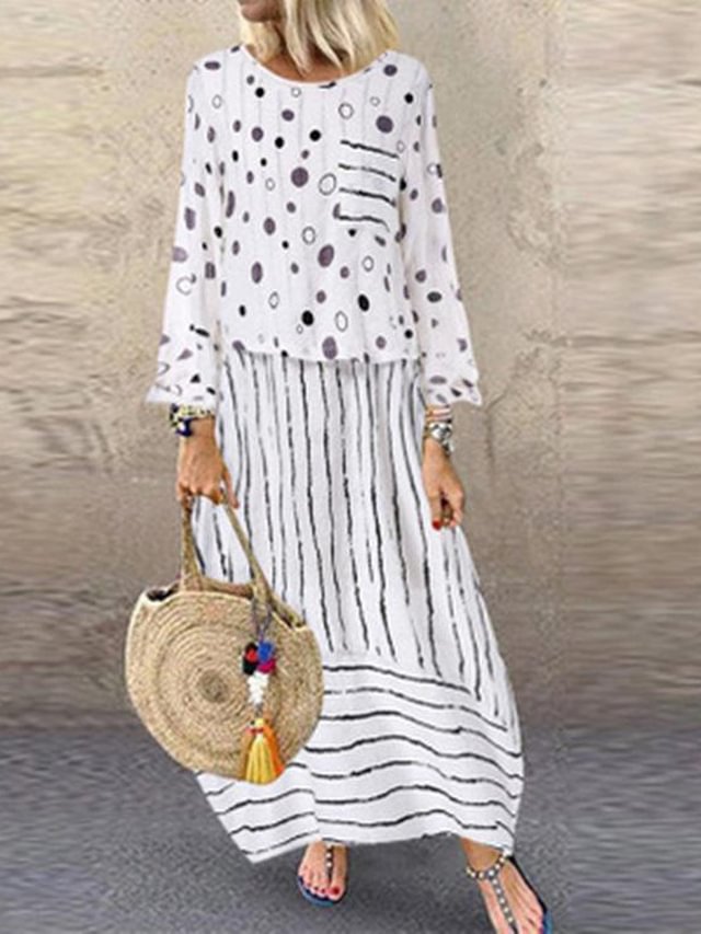 Polka Dot Plus Size Loose Fake Two-piece Cotton And Linen Dress-Corachic