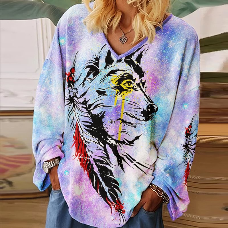 Tribal Wild Wolf Pattern Print Women Fluorescent Color V-neck T-shirt