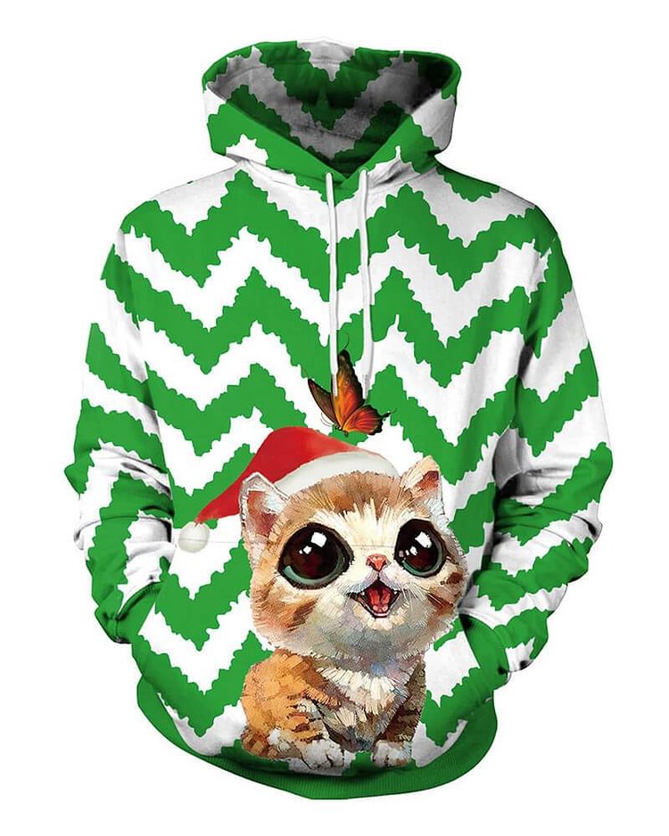 Mayoulove Cat In Christmas Hat Multi Striped Printed Green White Pullover Hoodie-Mayoulove